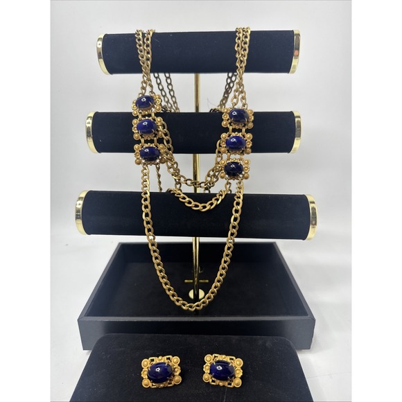 Miriam Haskell Jewelry - Vintage signed Miriam Haskell Gold Tone Lapis Necklace & Earrings